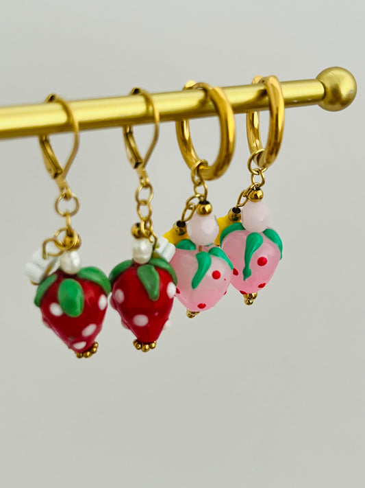Strawberry charm gold earrings