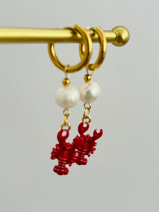 Lobster charm and pearl earrings