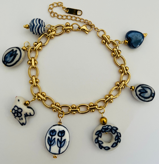 Blue and white ceramic charm bracelet