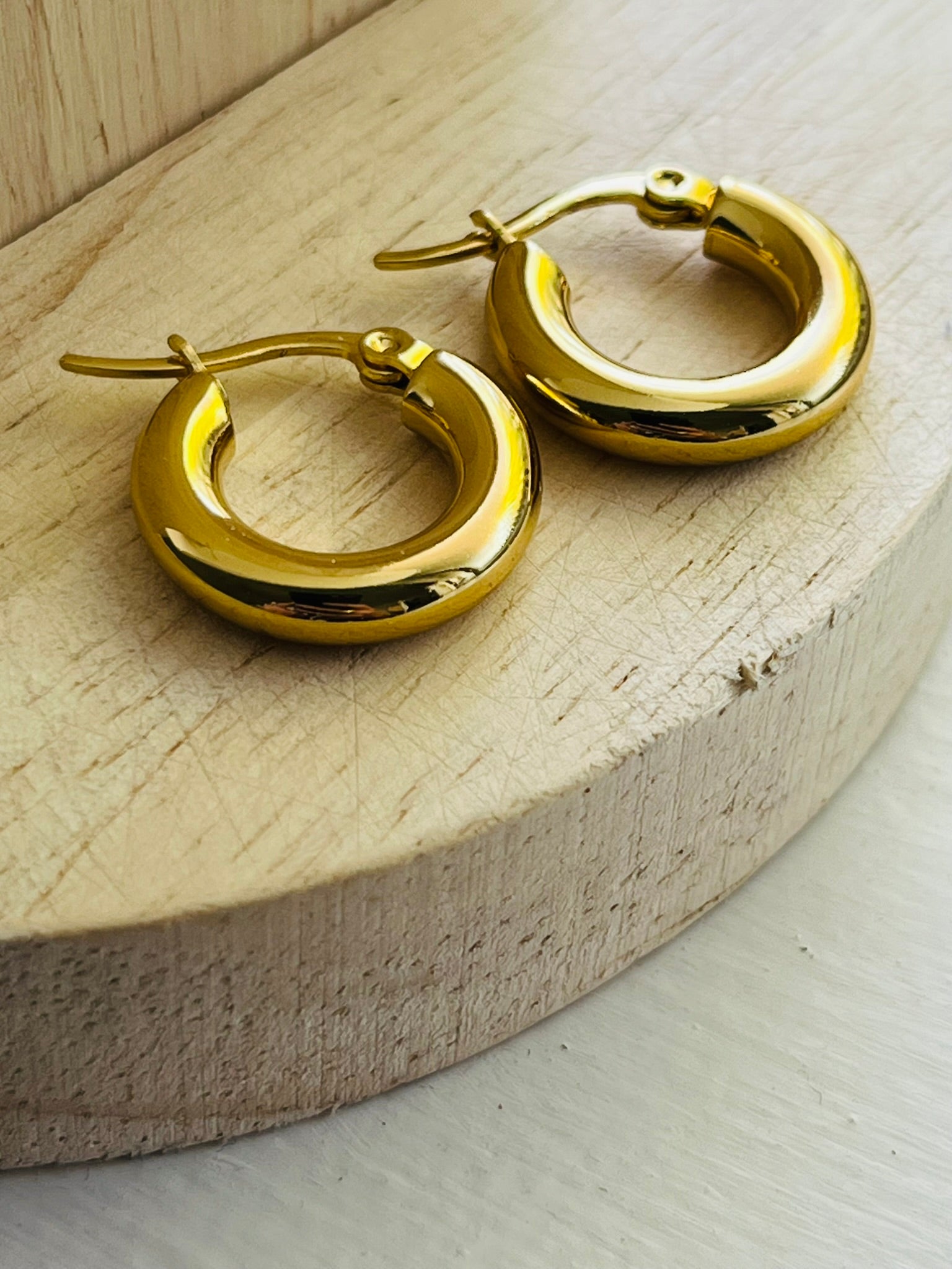 Mini thick gold hoop earrings with a clasp, perfect for every day wear.