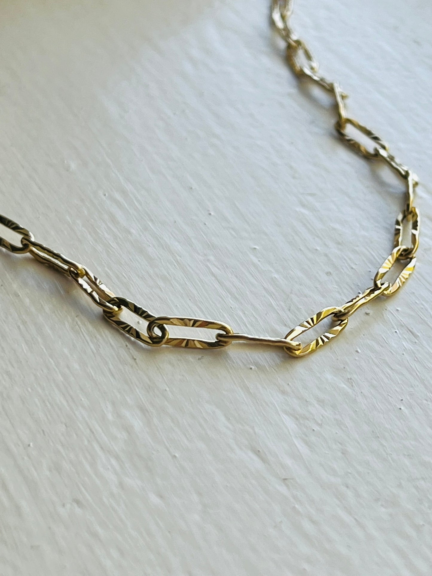 Bianca fancy etched paperclip chain gold necklace