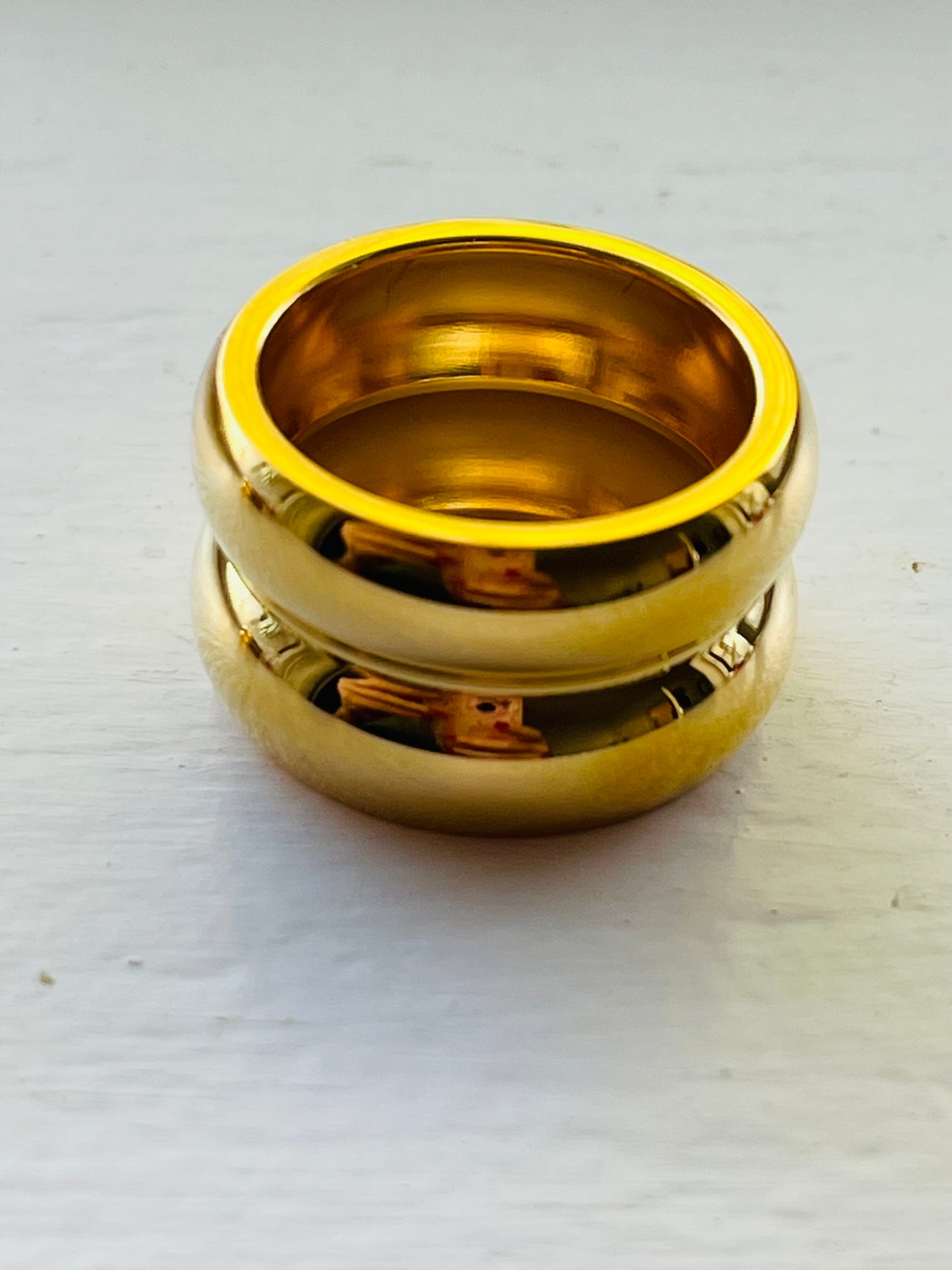 Gold statement ring made from stainless steel. Waterproof and tarnish proof in a modern design.