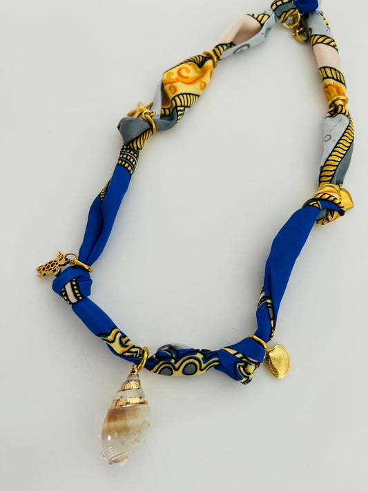 Ocean blue and gold bandana charm necklace