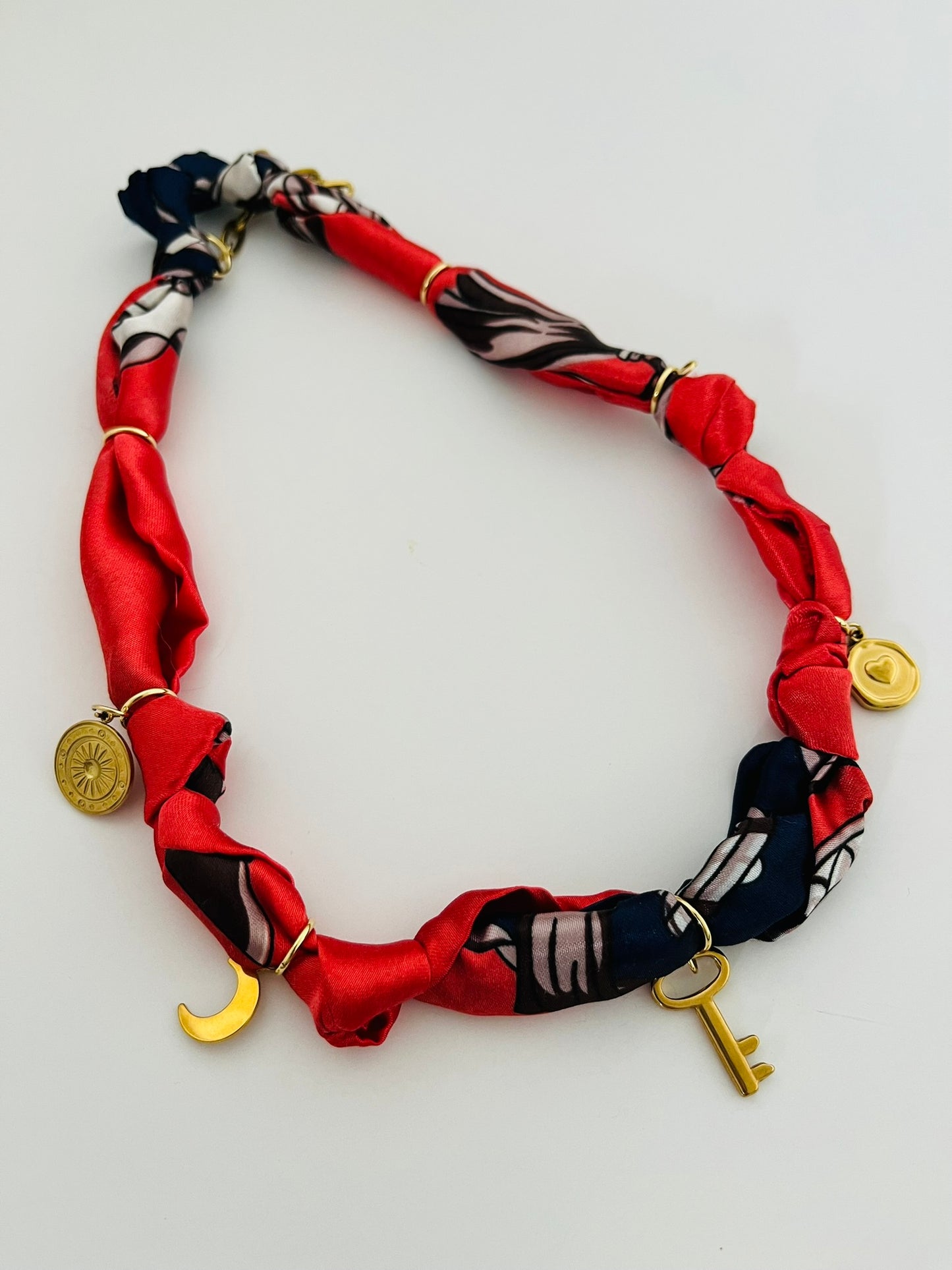 Key and navy/red bandana charm necklace