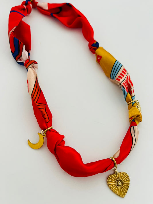 Burst heart red bandana charm necklace