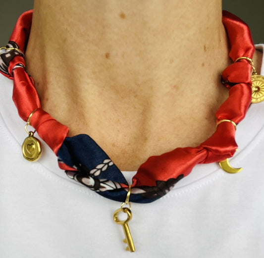 Key and navy/red bandana charm necklace