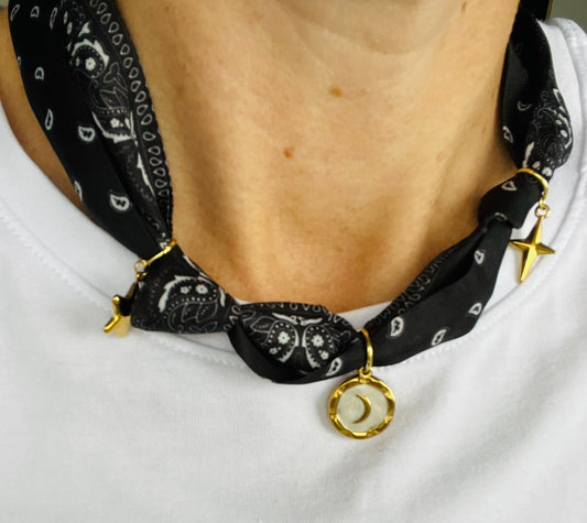 Black and white classic bandana charm necklace