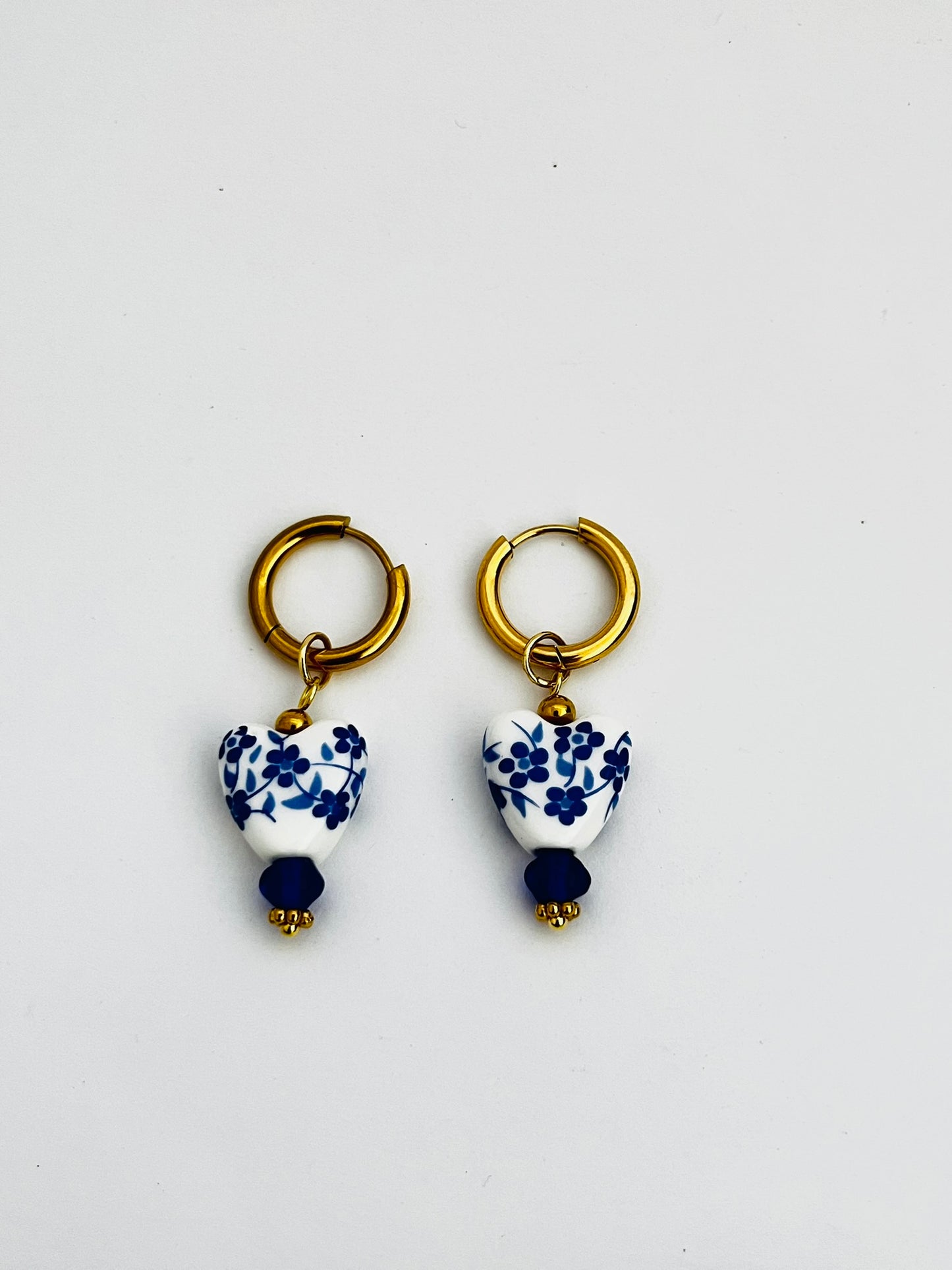 Isabel blue and white porcelain floral heart hoop earring