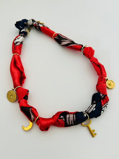 Key and navy/red bandana charm necklace