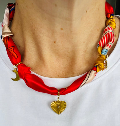 Burst heart red bandana charm necklace
