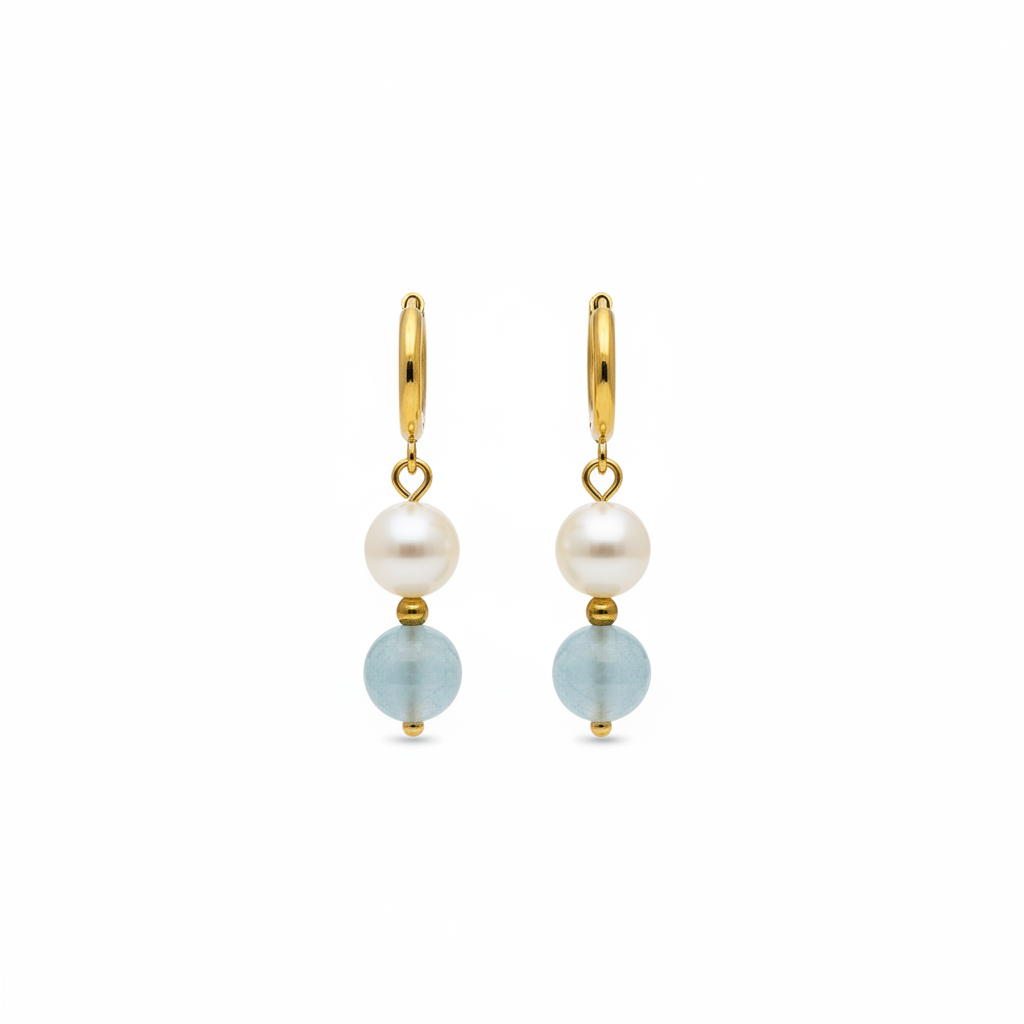 Coastal Wanderer Pearl and Aquamarine Earrings – White Background