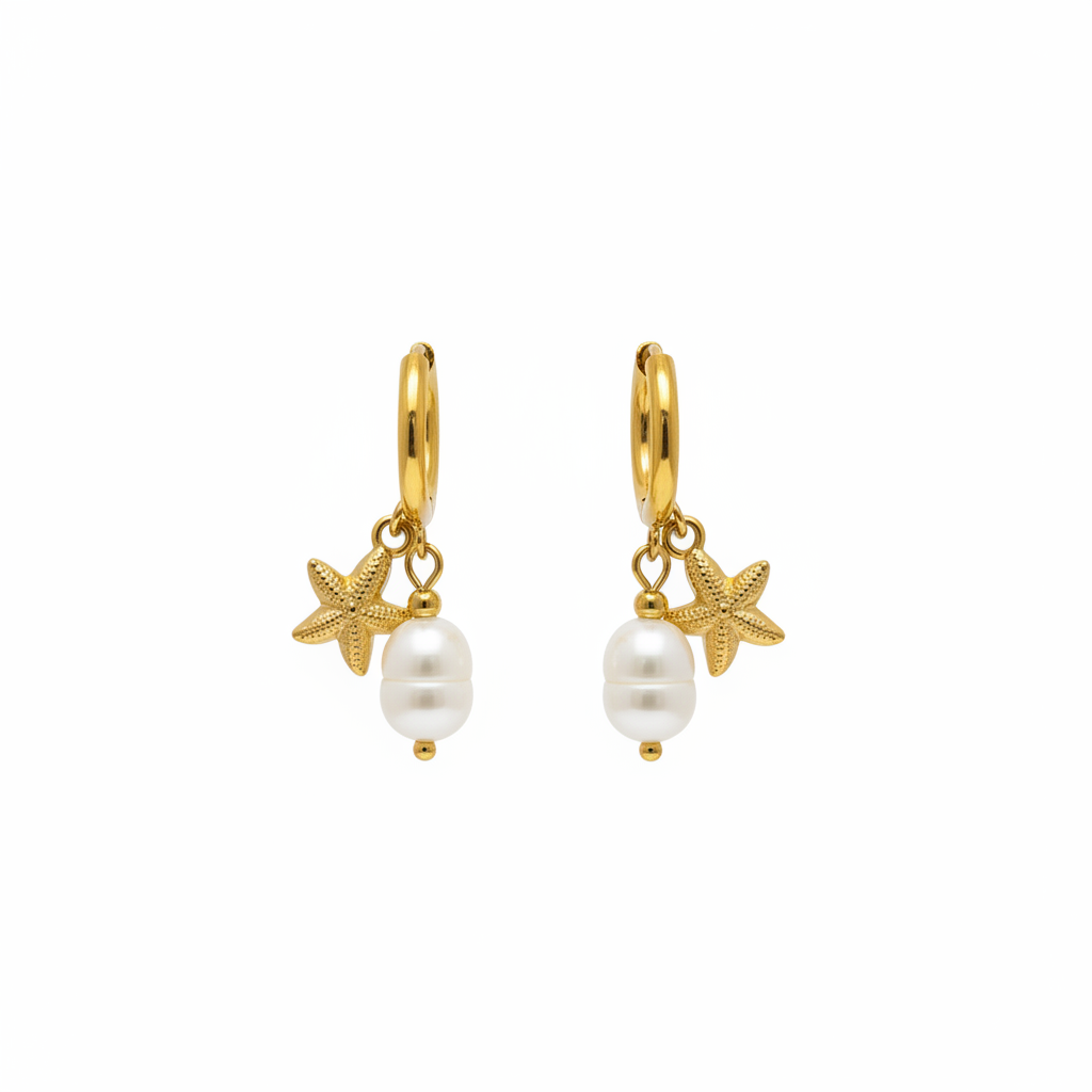 Coastal Wanderer Starfish Pearl Earrings – White Background