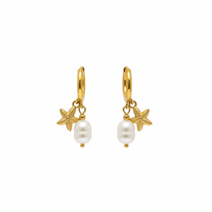 Coastal Wanderer Starfish Pearl Earrings – White Background