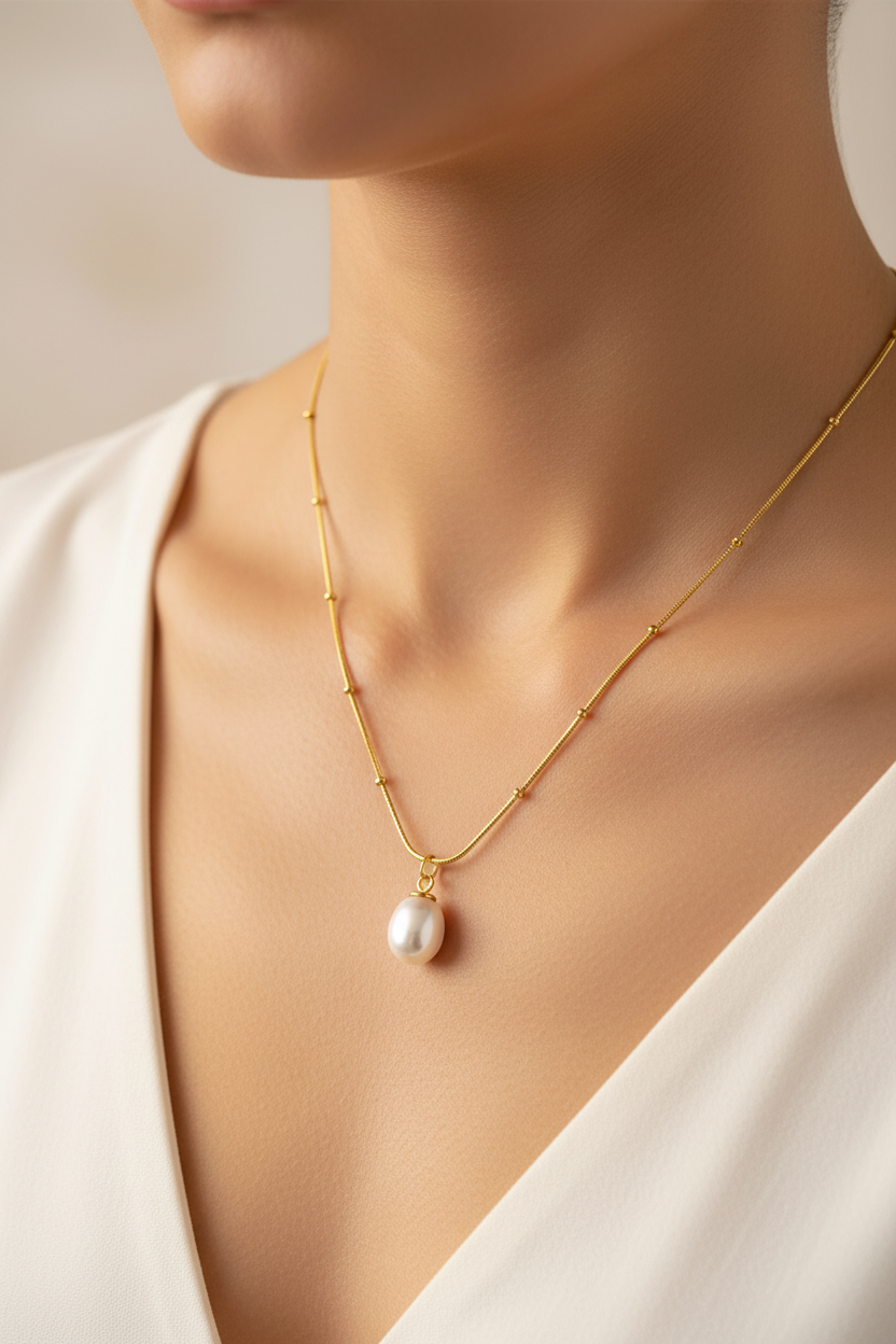 Freshwater Pearl Gold Necklace – On Model