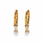 Lydia gold hoop earrings with rectangular baguette crystal pendant, pure white background