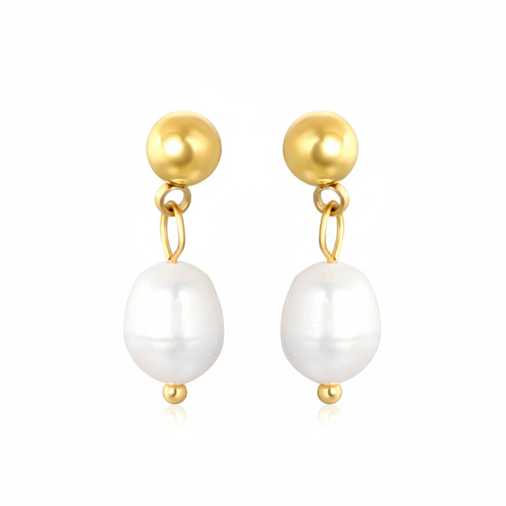 Pearl Stud Drop Earrings - White Background