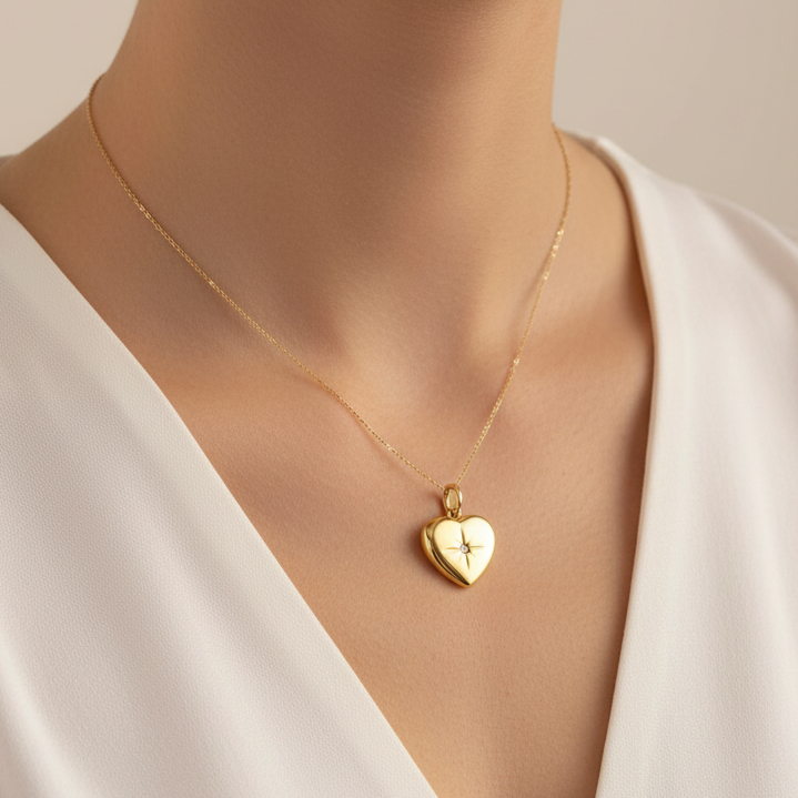 Woman wearing Eight pointed star heart charm - lifestyle shot
