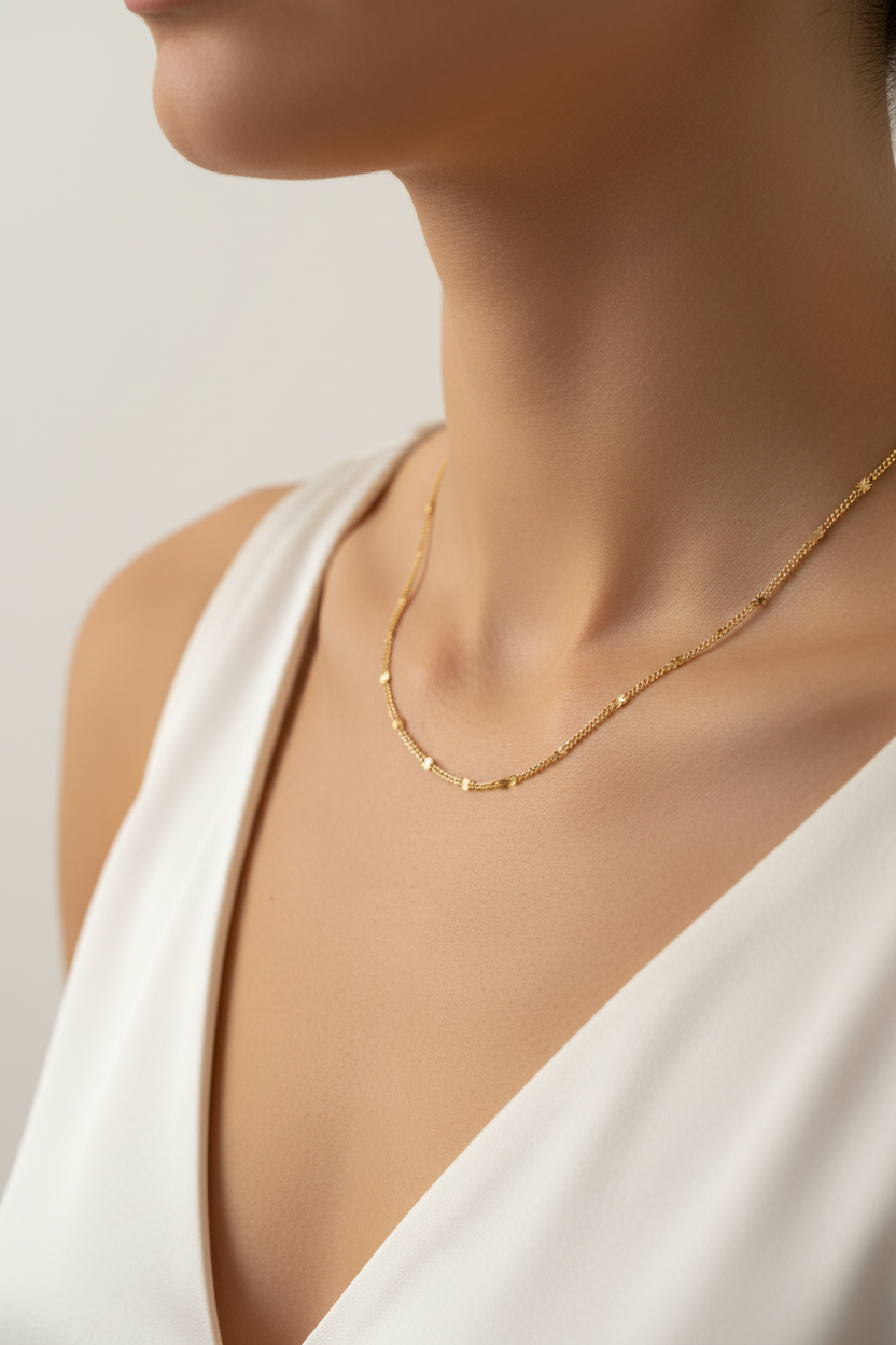 Woman wearing Logan necklace - lifestyle shot