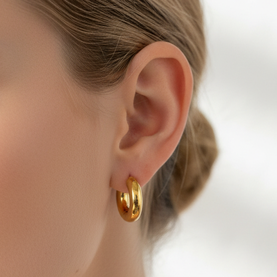Woman wearing Valerie earrings - lifestyle shot with smaller size